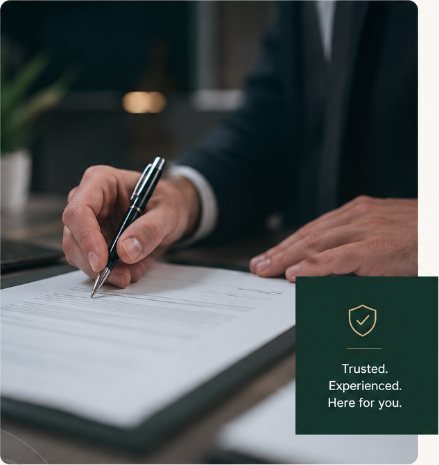 Solicitor signing a legal document beside a trusted and experienced message
